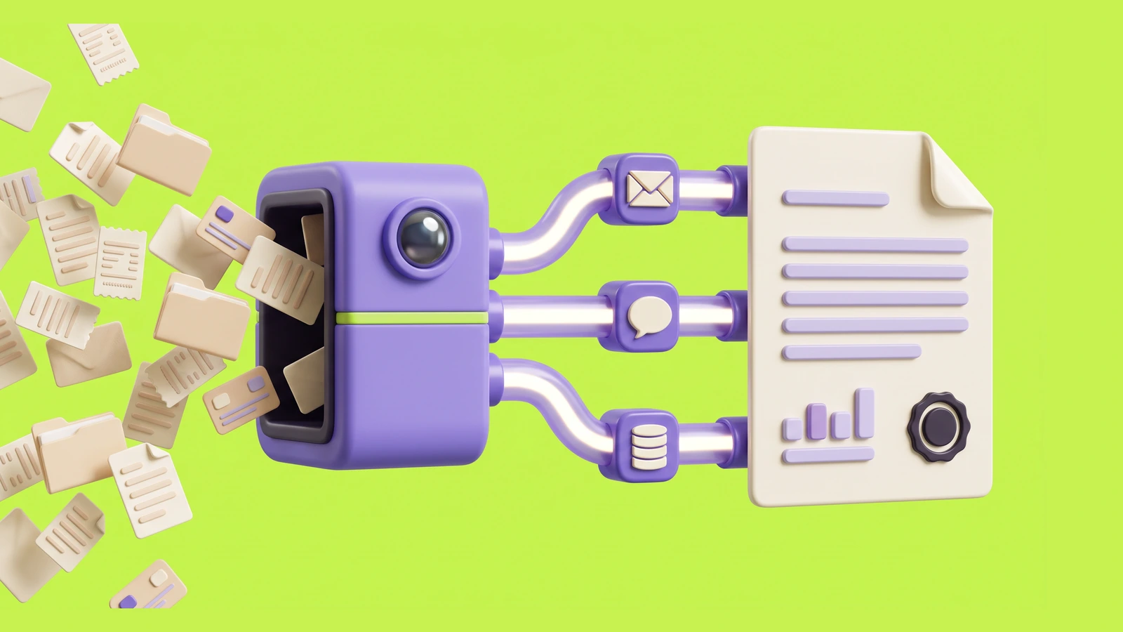 Scattered files and receipts go into a machine and come out as one finished, signed document