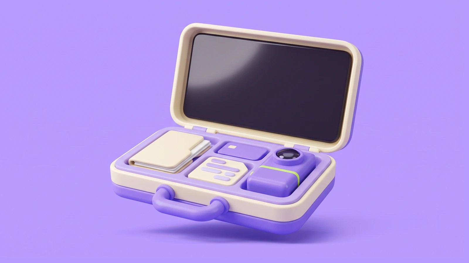 An open case holding a folder, an access card, a document and a small machine